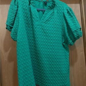 Textured Green V-Neck Puff Sleeve Top